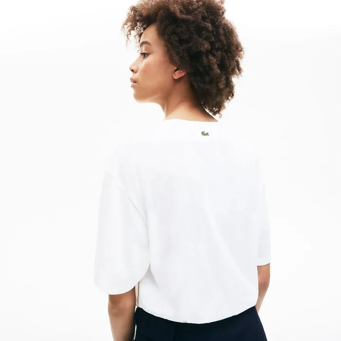 Signature Printed Crew Neck Cotton Tshirt WhiteNavy Blue Womens Lacoste TShirts Gift 4 You