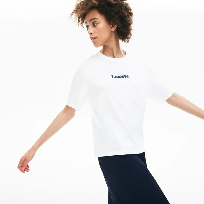 Signature Printed Crew Neck Cotton Tshirt WhiteNavy Blue Womens Lacoste TShirts Gift 4 You