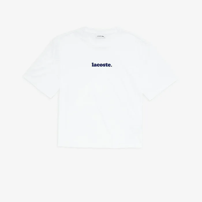 Signature Printed Crew Neck Cotton Tshirt WhiteNavy Blue Womens Lacoste TShirts Gift 4 You