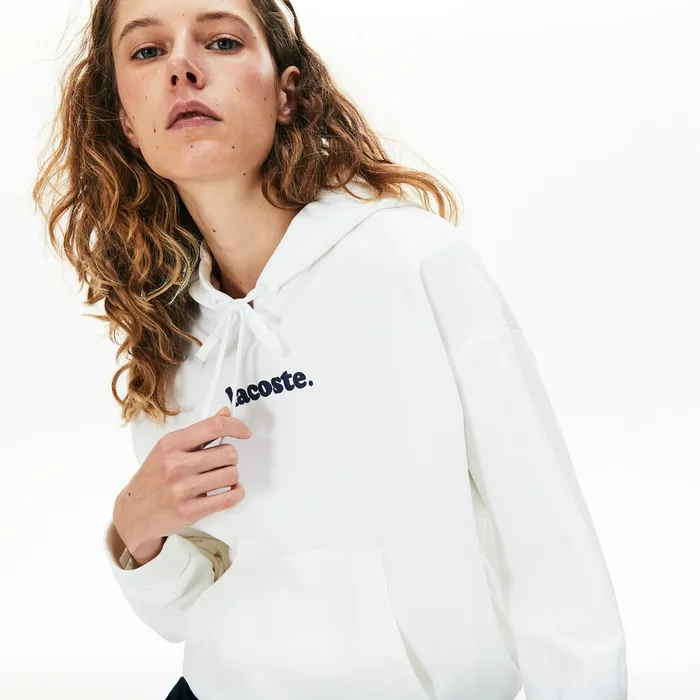 Signature Wide Hooded Fleece Sweatshirt White Womens Lacoste Sweaters and Sweatshirts For Sale Signature Wide Hooded Fleece Sweatshirt White Womens Lacoste Sweaters and Sweatshirts For Sale