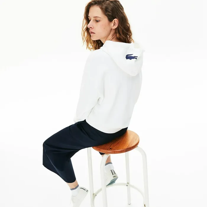 Signature Wide Hooded Fleece Sweatshirt White Womens Lacoste Sweaters and Sweatshirts For Sale