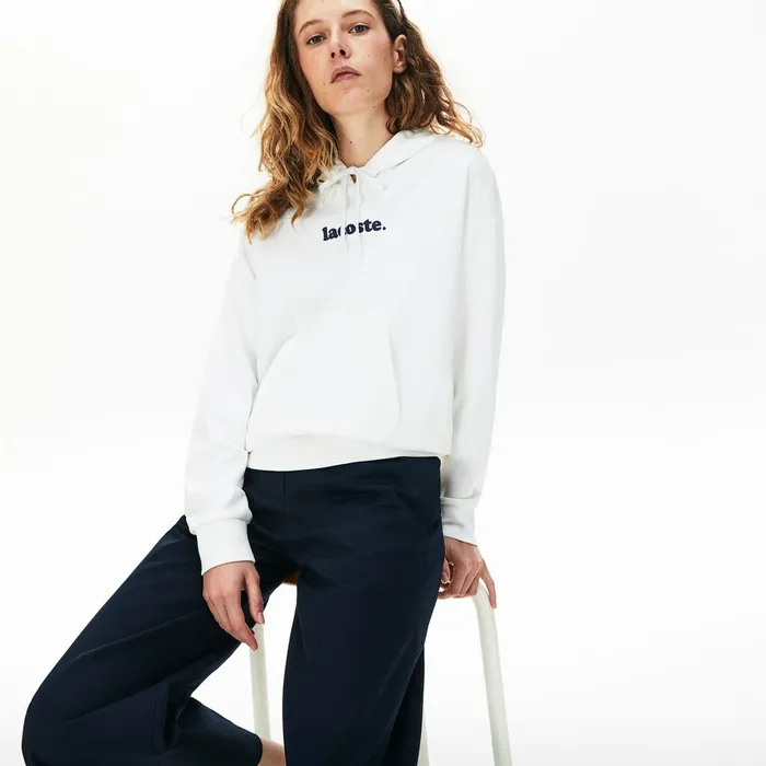 Signature Wide Hooded Fleece Sweatshirt White Womens Lacoste Sweaters and Sweatshirts For Sale