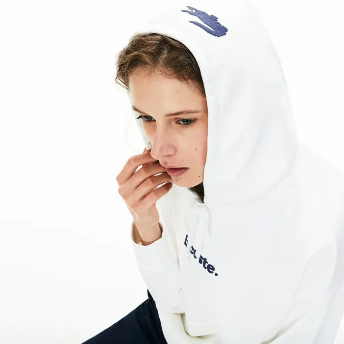 Signature Wide Hooded Fleece Sweatshirt White Womens Lacoste Sweaters and Sweatshirts For Sale