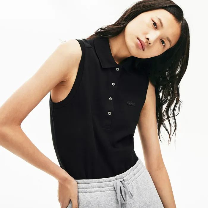 Sleeveless Cotton Piqu Polo Black Womens Lacoste Polos Online Store