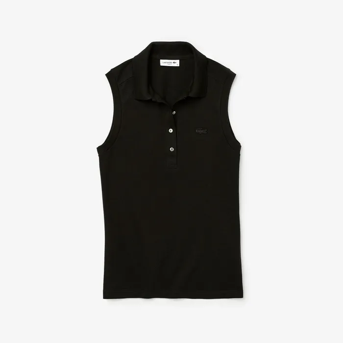 Sleeveless Cotton Piqu Polo Black Womens Lacoste Polos Online Store