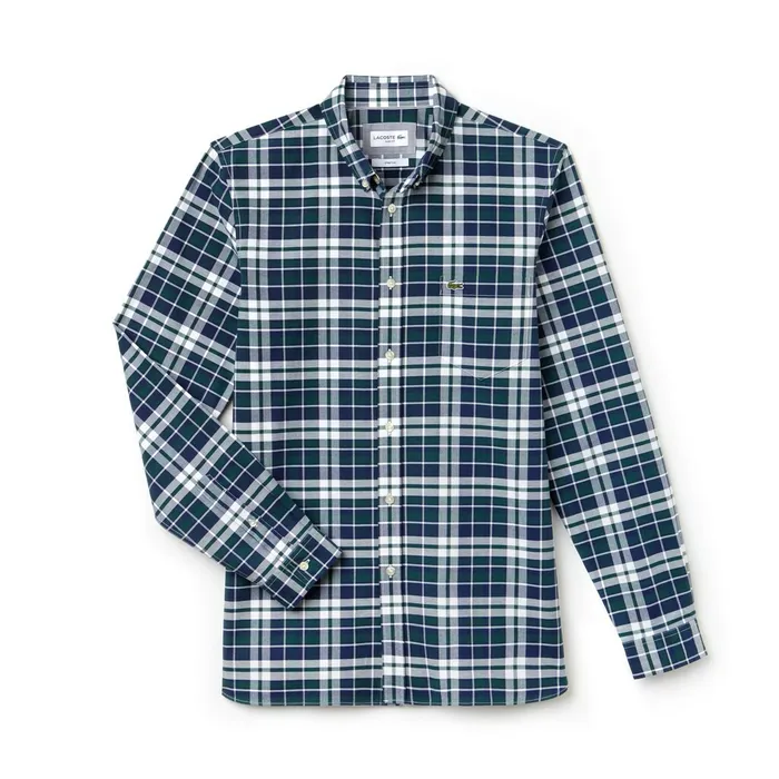 Slim Fit Check Stretch Oxford Cotton Shirt Green Mens Lacoste Button Down Shirts Store
