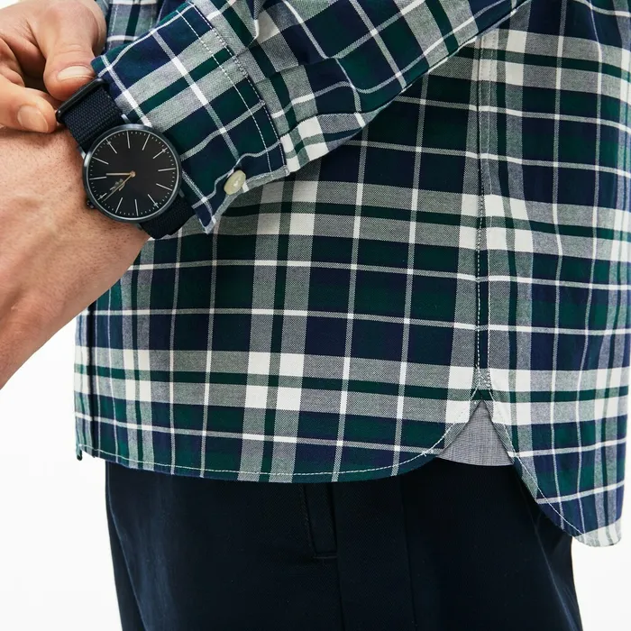 Slim Fit Check Stretch Oxford Cotton Shirt Green Mens Lacoste Button Down Shirts Store