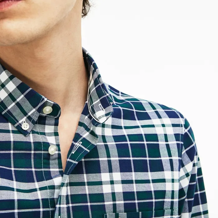 Slim Fit Check Stretch Oxford Cotton Shirt Green Mens Lacoste Button Down Shirts Store