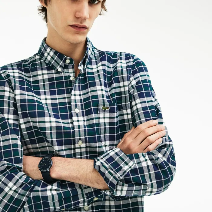 Slim Fit Check Stretch Oxford Cotton Shirt Green Mens Lacoste Button Down Shirts Store