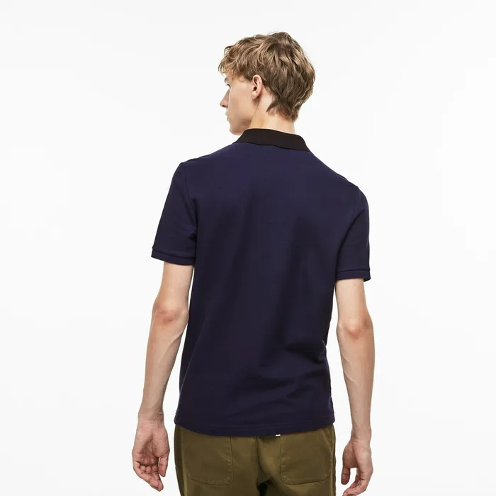 Slim Fit Colourblock Striped Knop Piqu Polo Shirt Navy Blue Mens Lacoste Polos USA