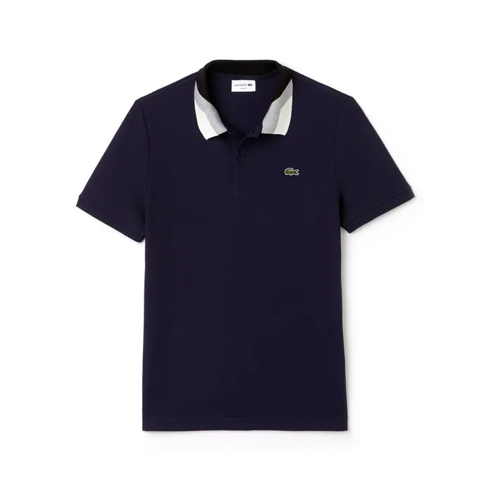 Slim Fit Colourblock Striped Knop Piqu Polo Shirt Navy Blue Mens Lacoste Polos USA
