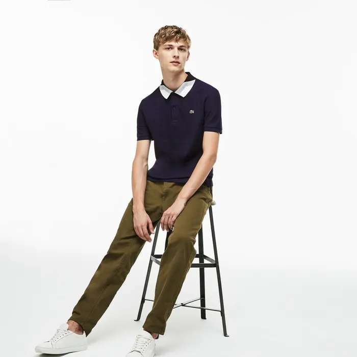 Slim Fit Colourblock Striped Knop Piqu Polo Shirt Navy Blue Mens Lacoste Polos USA