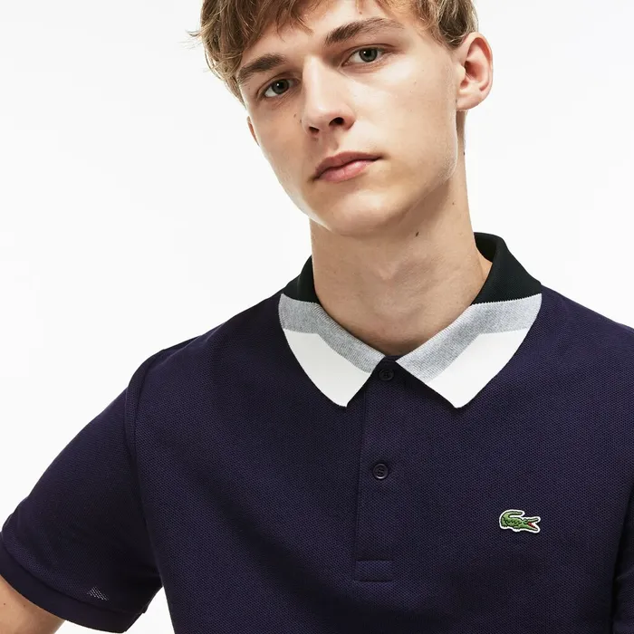Slim Fit Colourblock Striped Knop Piqu Polo Shirt Navy Blue Mens Lacoste Polos USA