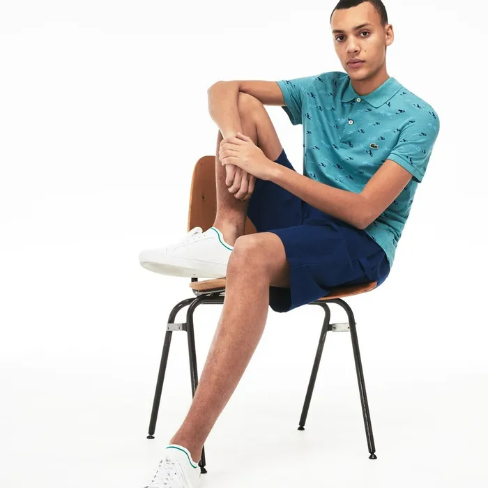 Slim Fit Cotton And Linen Piqu Polo BlueWhite Mens Lacoste Polos Store