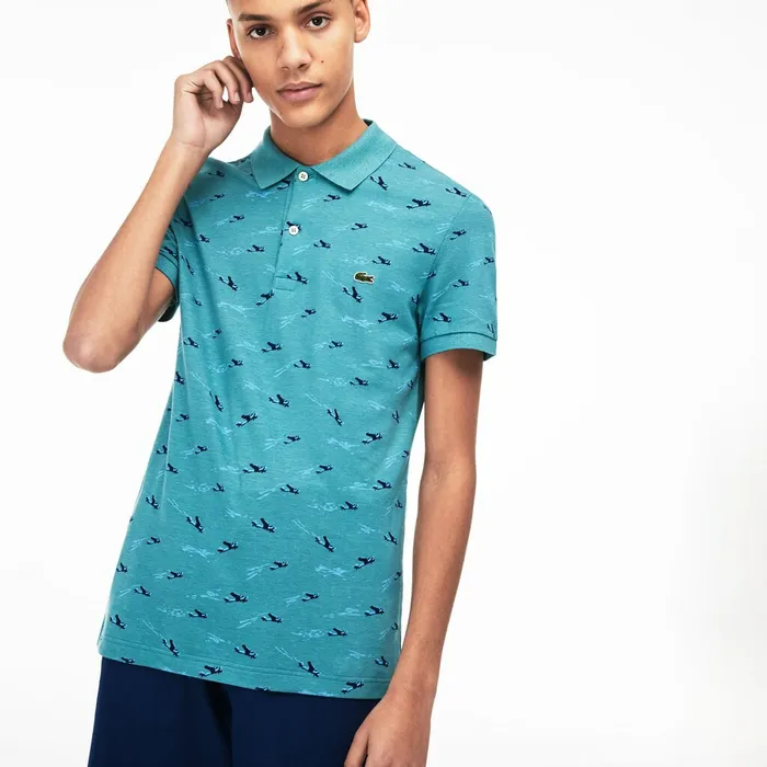 Slim Fit Cotton And Linen Piqu Polo BlueWhite Mens Lacoste Polos Store