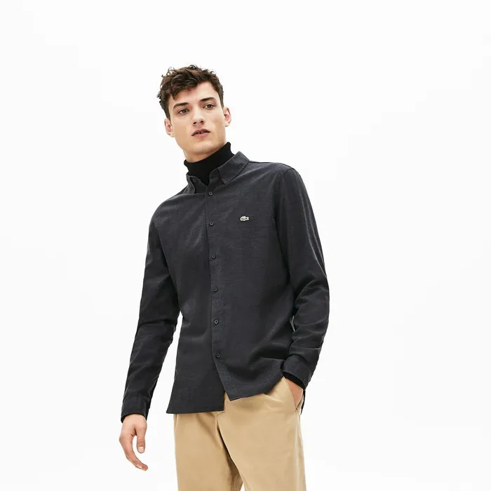 Slim Fit Cotton Flannel Shirt Grey Mens Lacoste Button Down Shirts Popular
