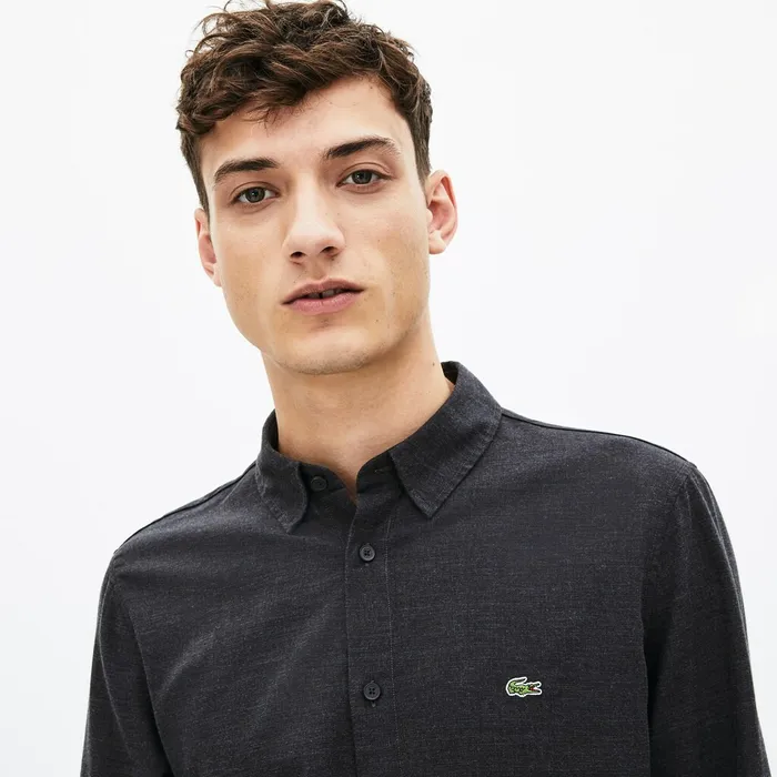 Slim Fit Cotton Flannel Shirt Grey Mens Lacoste Button Down Shirts Popular