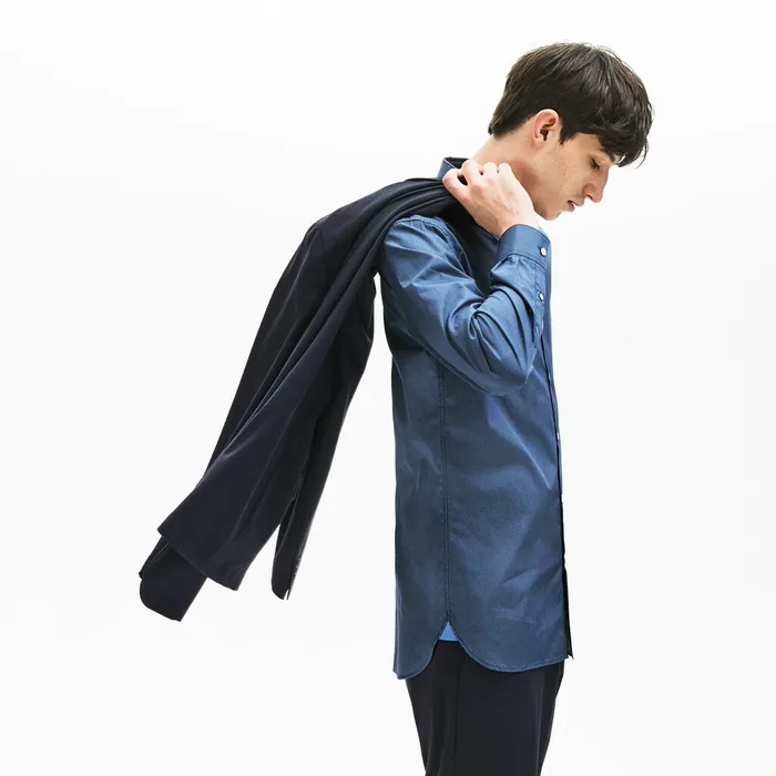 Slim Fit Cotton Poplin Shirt Navy Blue Mens Lacoste Button Down Shirts Outlet Factory