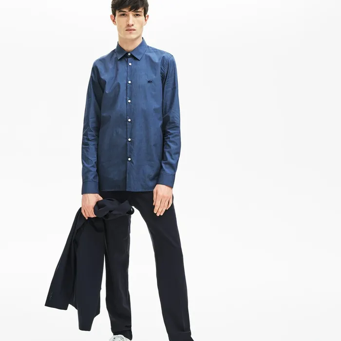 Slim Fit Cotton Poplin Shirt Navy Blue Mens Lacoste Button Down Shirts Outlet Factory