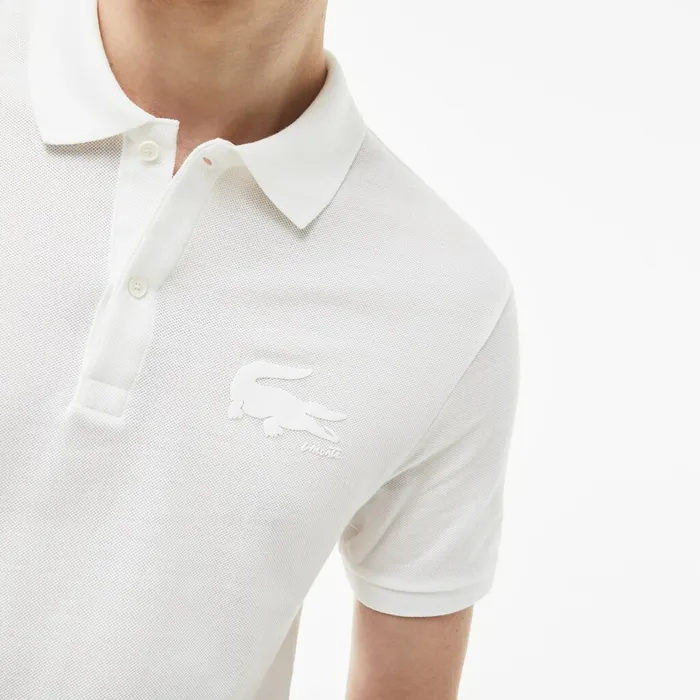 Slim Fit Crocodile Logo Piqu Polo WhiteBeige Mens Lacoste Polos Cheap On Sale