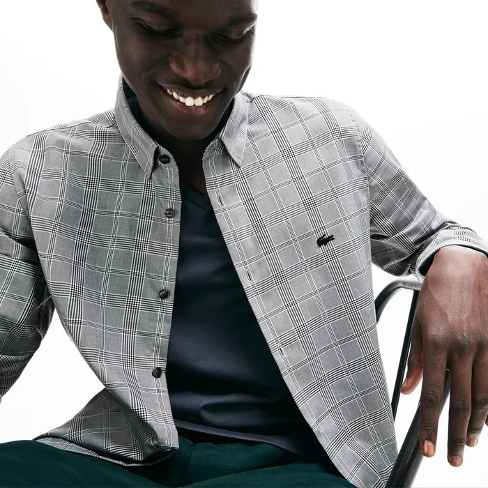 Slim Fit Glen Plaid Cotton Shirt BlackWhite Mens Lacoste Button Down Shirts Outlet