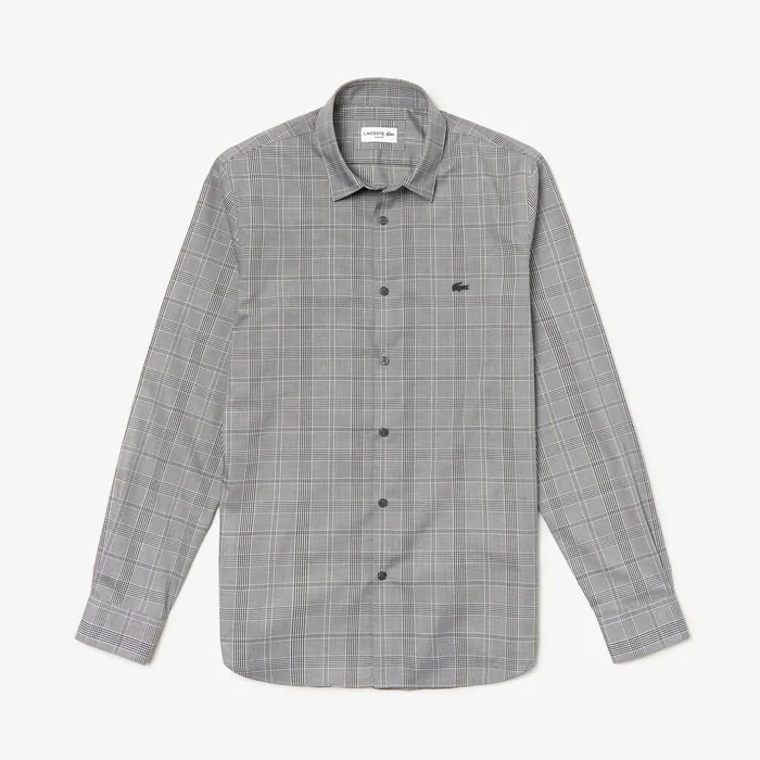 Slim Fit Glen Plaid Cotton Shirt BlackWhite Mens Lacoste Button Down Shirts Outlet