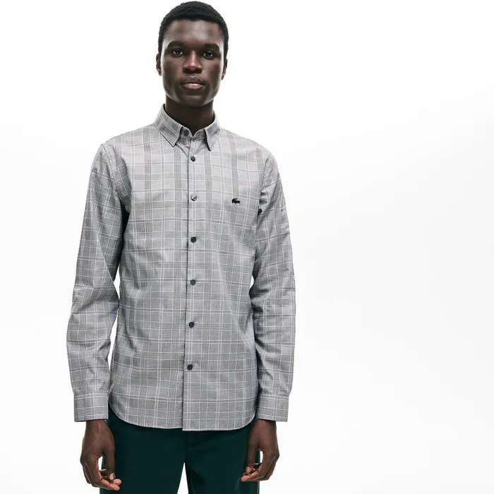 Slim Fit Glen Plaid Cotton Shirt BlackWhite Mens Lacoste Button Down Shirts Outlet