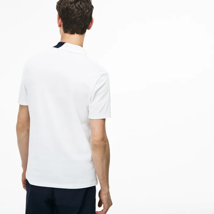 Slim Fit Lettering Stretch Mini Piqu Polo WhiteNavy Blue Mens Lacoste Polos Gift for Friend