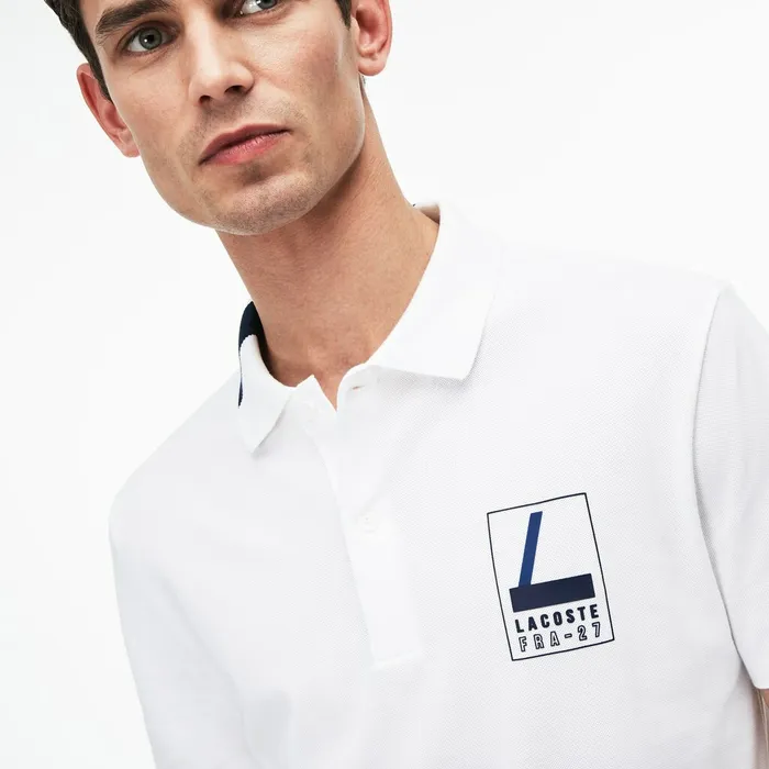 Slim Fit Lettering Stretch Mini Piqu Polo WhiteNavy Blue Mens Lacoste Polos Gift for Friend