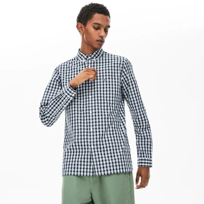 Slim Fit LongSleeve Wool Shirt WhiteNavy Blue Mens Lacoste Button Down Shirts Shop Online