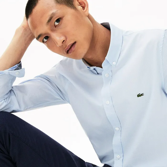 Slim Fit Polka Dot Cotton Poplin Shirt Light Blue Mens Lacoste Button Down Shirts Gift 4 You
