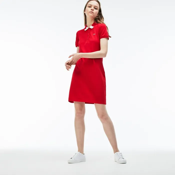 Slim Fit Polo Piqu Dress RedWhite Womens Lacoste Dresses and Skirts Near Me