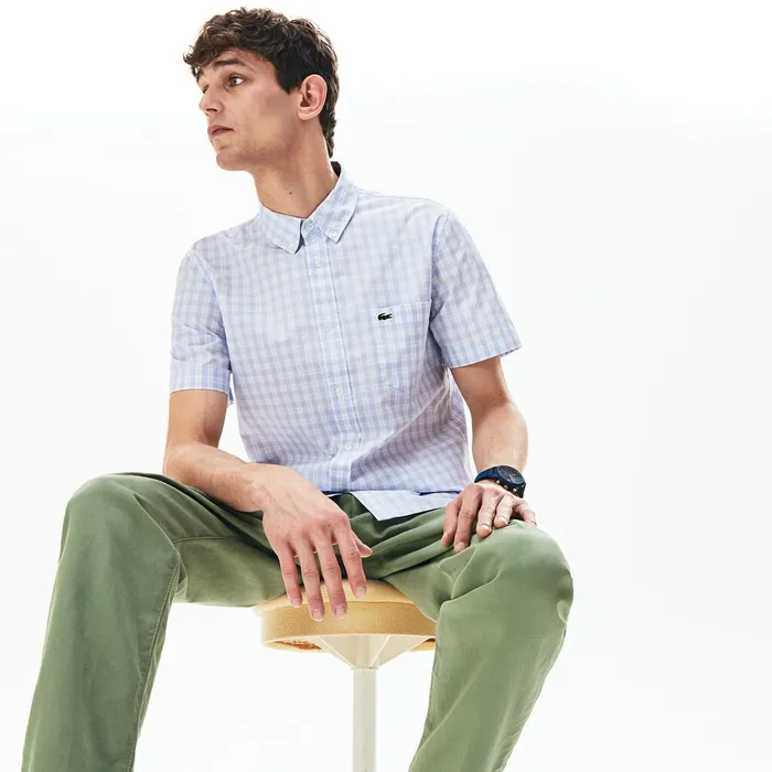 Slim Fit ShortSleeve Wool Shirt WhiteLight Blue Mens Lacoste Button Down Shirts For Sale Online