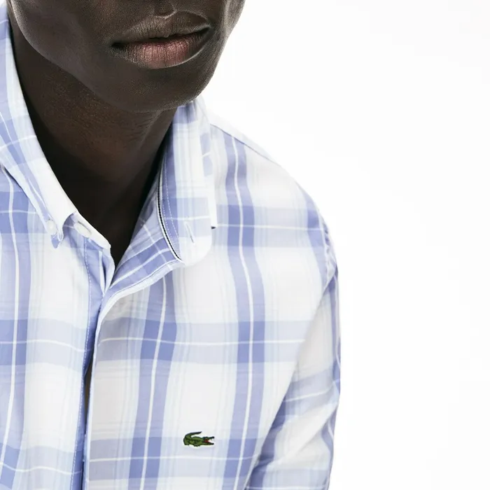 Slim Fit ShortSleeve Wool Stretch Shirt PurpleLight Blue Mens Lacoste Button Down Shirts Online