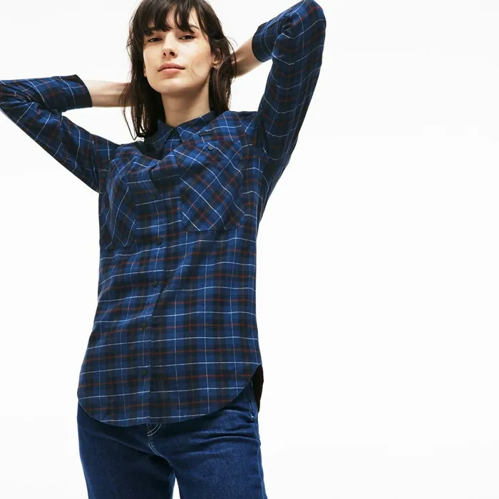 Slim Fit Stretch Check Cotton Canvas Shirt Navy BlueBlue Womens Lacoste Shirts and Tops Outlet