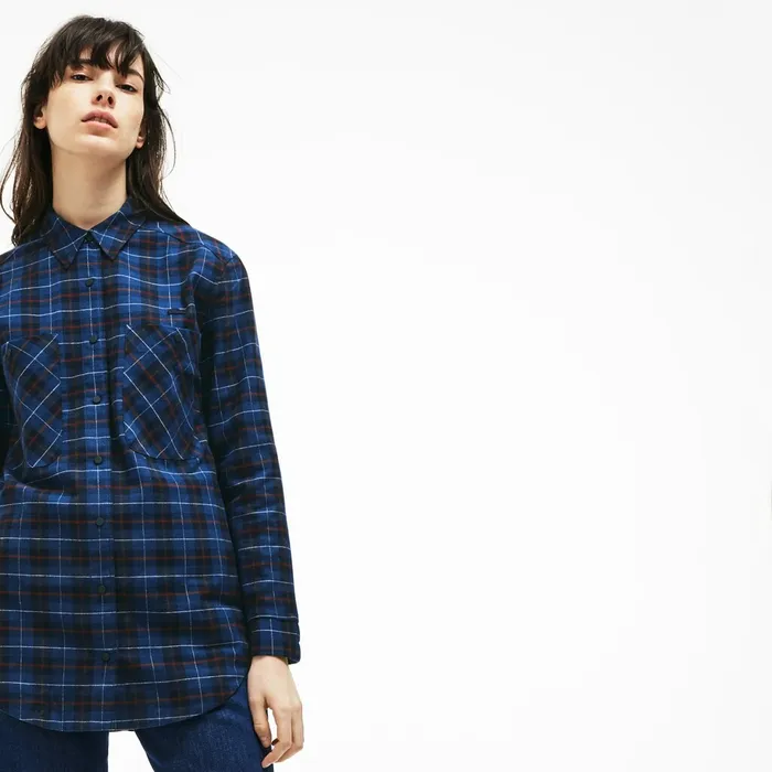 Slim Fit Stretch Check Cotton Canvas Shirt Navy BlueBlue Womens Lacoste Shirts and Tops Outlet