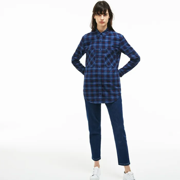 Slim Fit Stretch Check Cotton Canvas Shirt Navy BlueBlue Womens Lacoste Shirts and Tops Outlet
