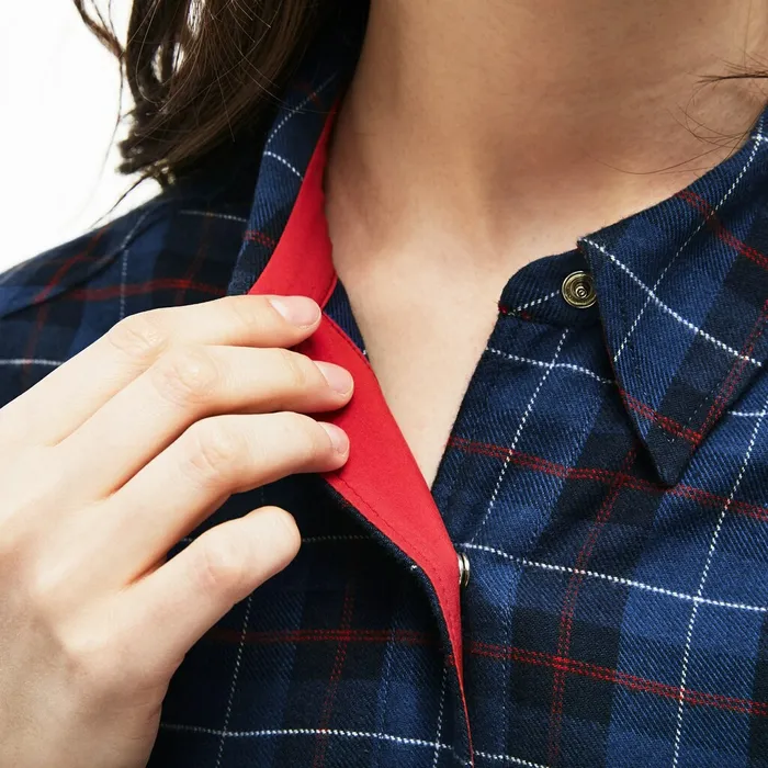 Slim Fit Stretch Check Cotton Canvas Shirt Navy BlueBlue Womens Lacoste Shirts and Tops Outlet