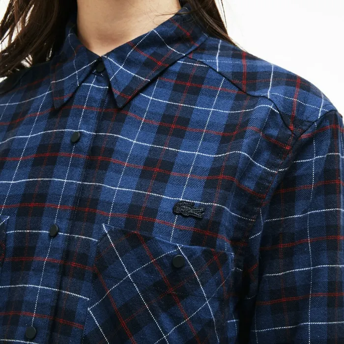 Slim Fit Stretch Check Cotton Canvas Shirt Navy BlueBlue Womens Lacoste Shirts and Tops Outlet