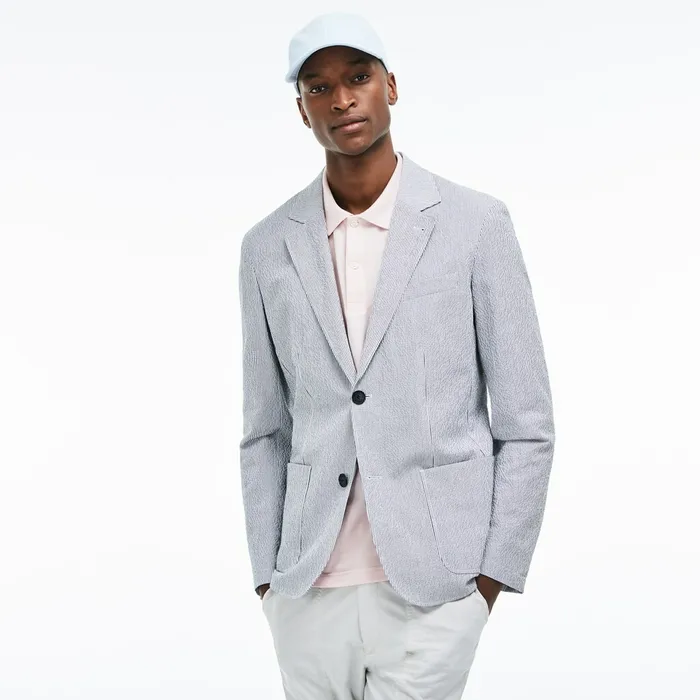 Slim Fit Stretch Cotton Blazer Navy BlueWhite Mens Lacoste Jackets and Coats For Sale Slim Fit Stretch Cotton Blazer Navy BlueWhite Mens Lacoste Jackets and Coats For Sale