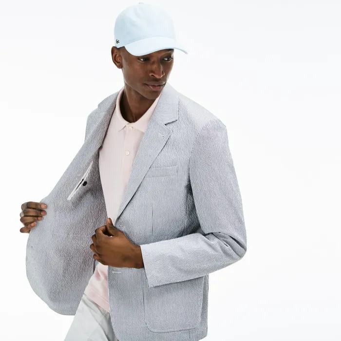 Slim Fit Stretch Cotton Blazer Navy BlueWhite Mens Lacoste Jackets and Coats For Sale