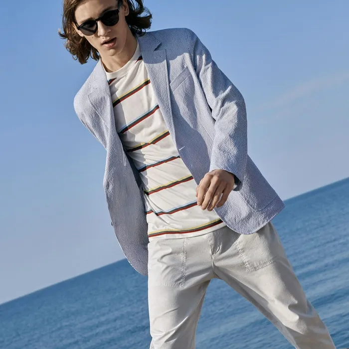 Slim Fit Stretch Cotton Blazer Navy BlueWhite Mens Lacoste Jackets and Coats For Sale