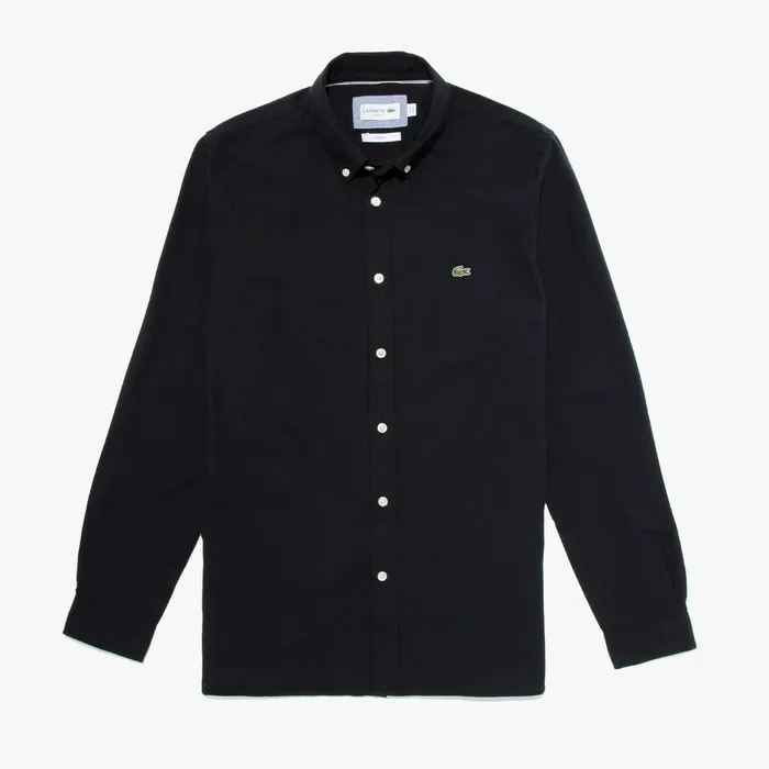 Slim Fit Stretch Cotton Poplin Shirt Black Mens Lacoste Button Down Shirts Store