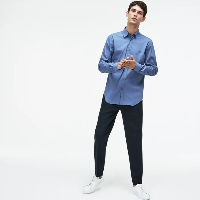 Slim Fit Stretch Cotton Poplin Shirt Blue Mens Lacoste Button Down Shirts Online