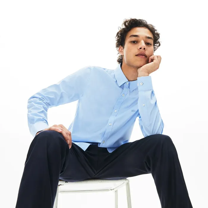 SlimFit Stretch Cotton Poplin Shirt Light Blue Mens Lacoste Button Down Shirts Outlet Factory