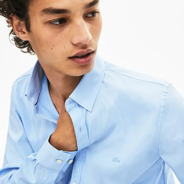 SlimFit Stretch Cotton Poplin Shirt Light Blue Mens Lacoste Button Down Shirts Outlet Factory