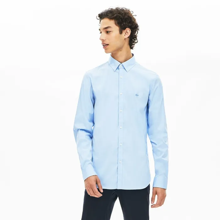 SlimFit Stretch Cotton Poplin Shirt Light Blue Mens Lacoste Button Down Shirts Outlet Factory