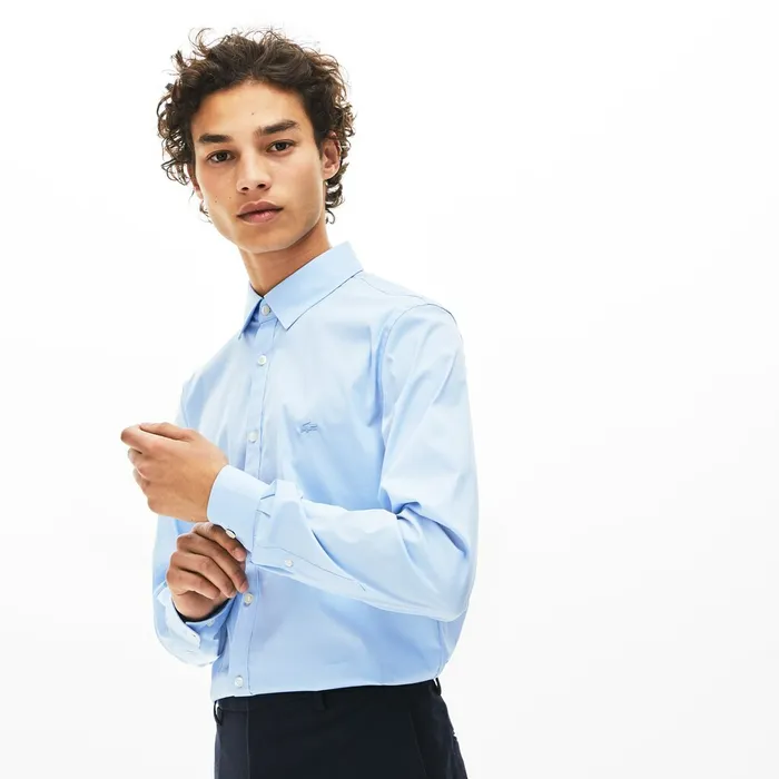 SlimFit Stretch Cotton Poplin Shirt Light Blue Mens Lacoste Button Down Shirts Outlet Factory