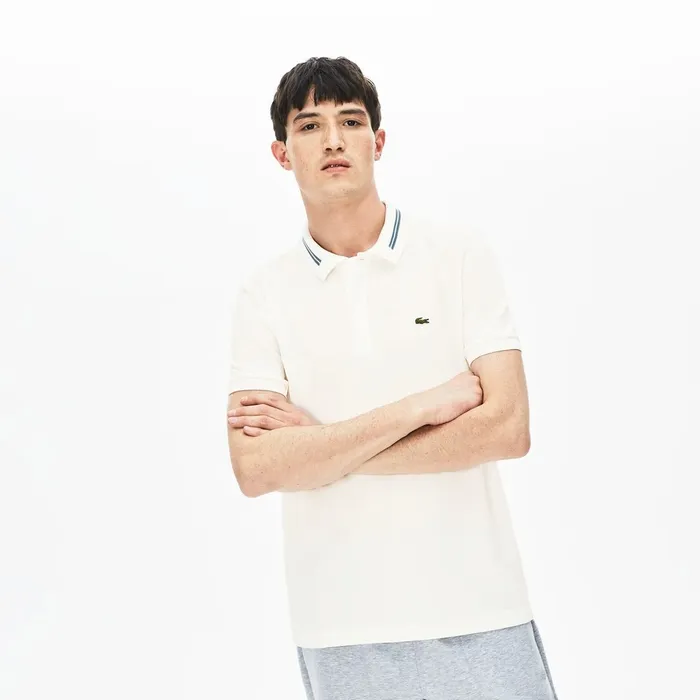 Slim Fit StripeAccented Cotton Piqu Polo White Mens Lacoste Polos On Sale