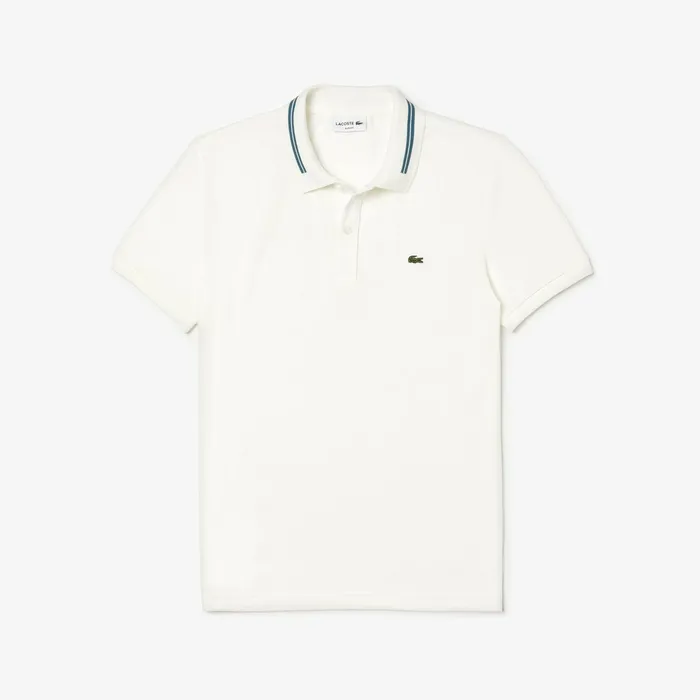 Slim Fit StripeAccented Cotton Piqu Polo White Mens Lacoste Polos On Sale
